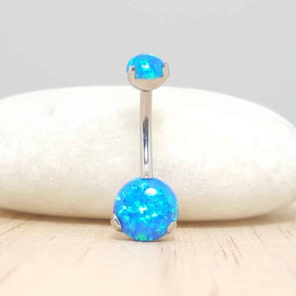 Navel Doble Prong Set Opalo Azul Pulido Espejo Frente